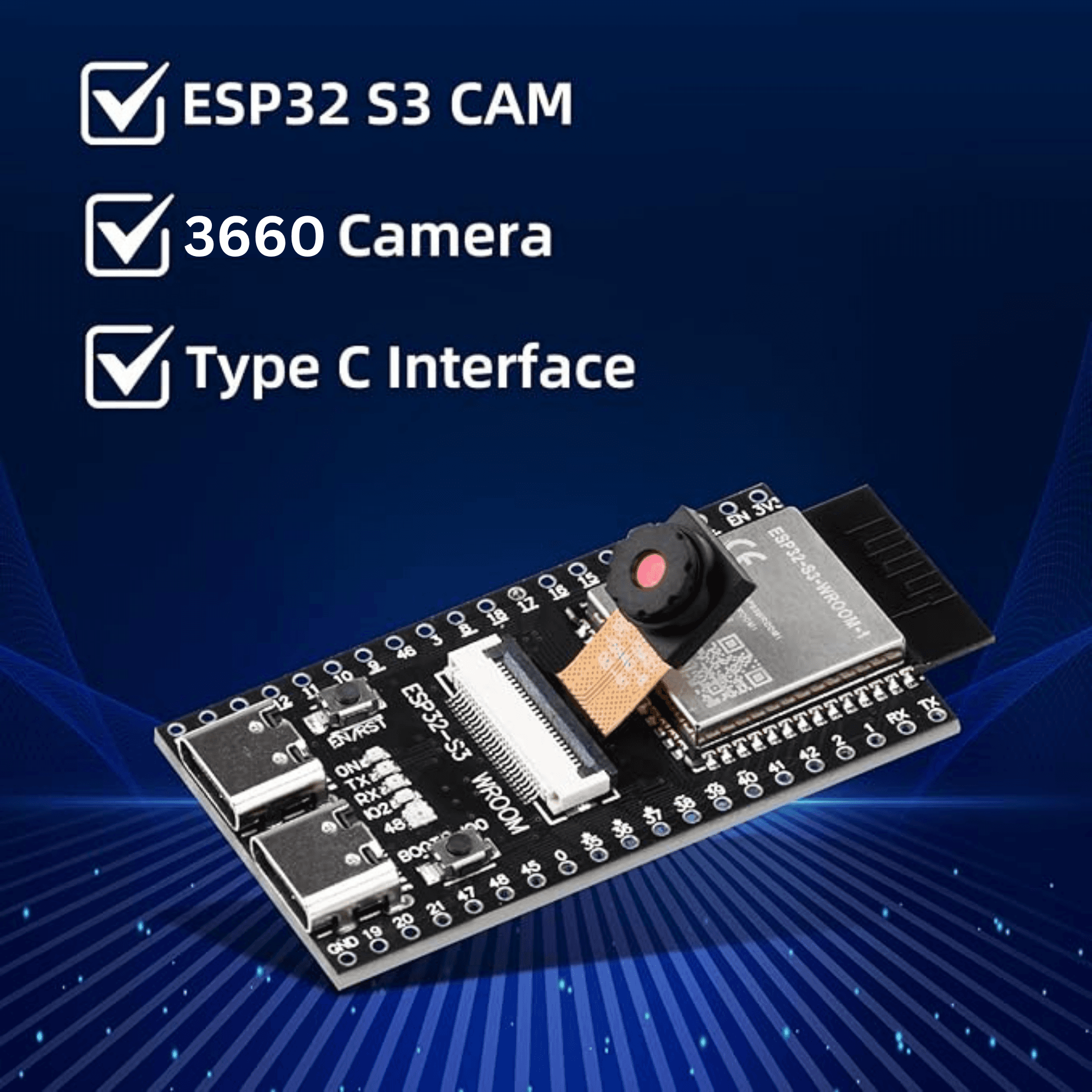 ESP32-S3 WROOM N16R8 CAM Development Board with Dual USB-C Ports | OV3660 Camera Module | 16MB Flash, 8MB PSRAM | Wi-Fi & Bluetooth | OTG USB + USB-to-Serial | Unsoldered