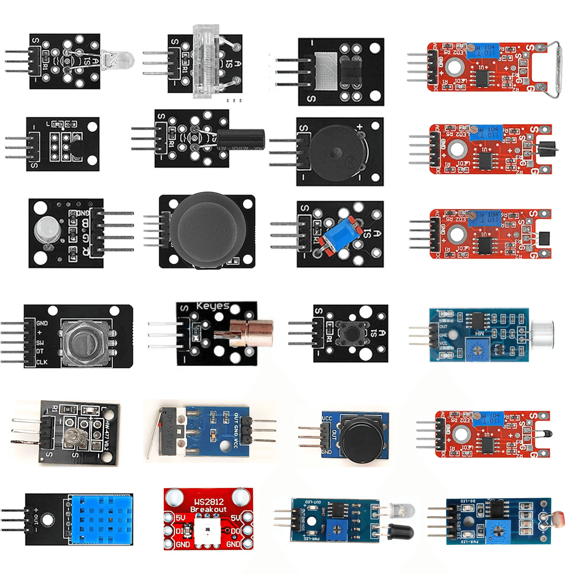 24-in-1 Sensor Module Kit Compatible with UNO, RPi, ESP32 – Includes Temperature, Light, Sound, Touch, IR, Tilt, RGB LED, Joystick, Buzzer, and More
