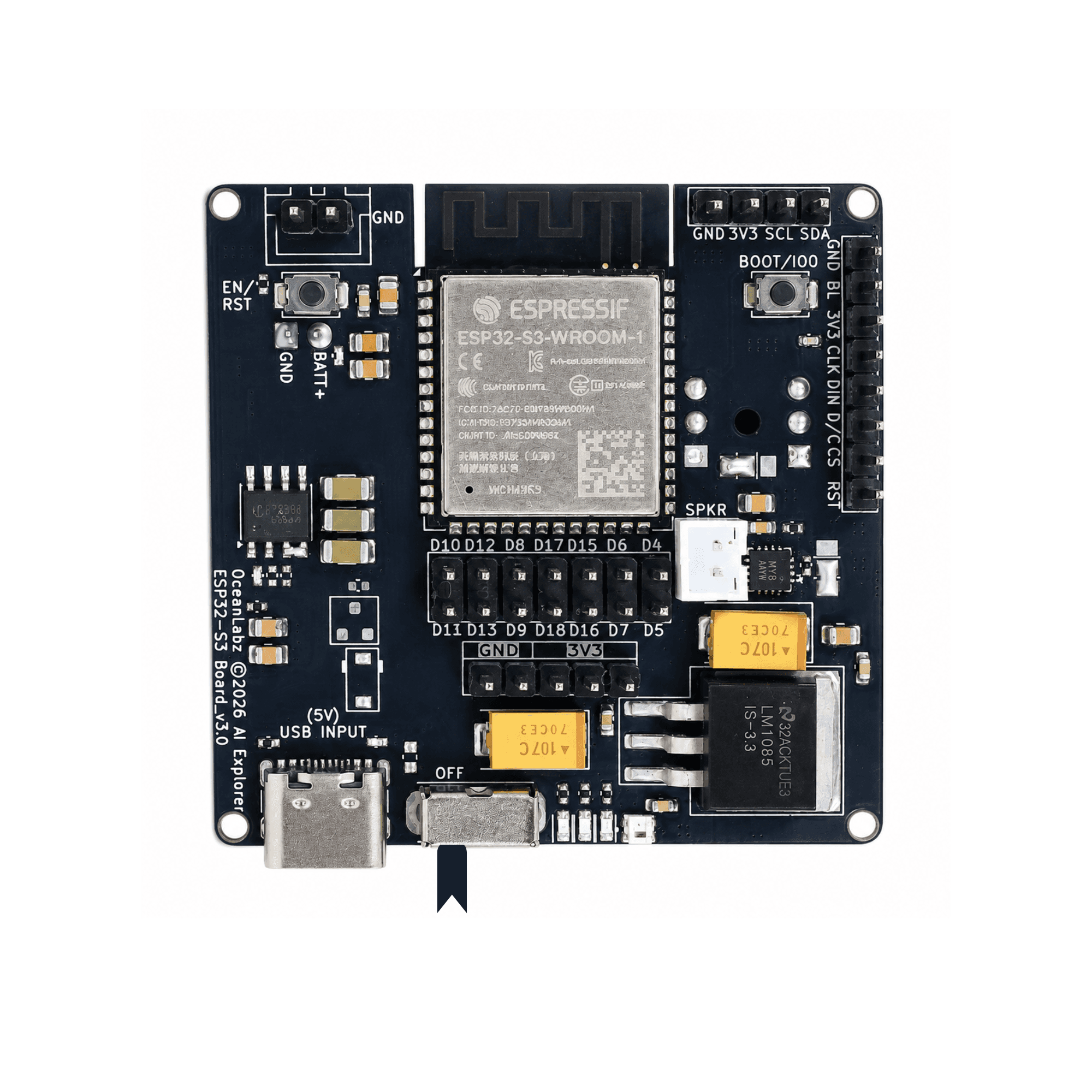 OceanLabz ESP32-S3 AI Explorer Development Board | 16MB Flash + 8MB PSRAM | WiFi + Bluetooth | INMP441 Microphone, MAX98357A Audio, SD Card, USB Type-C | AI, IoT, Voice Assistant & Edge AI