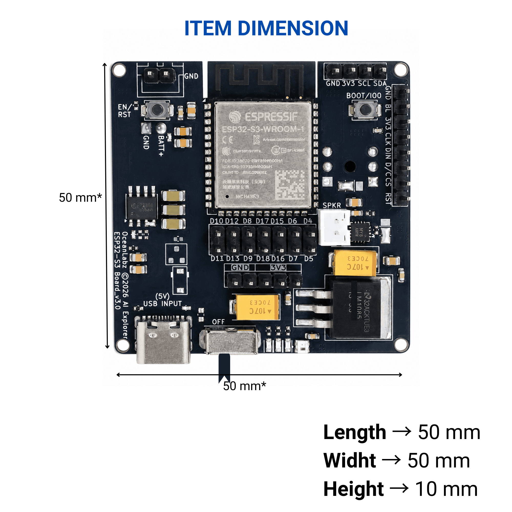 OceanLabz ESP32-S3 AI Explorer Development Board | 16MB Flash + 8MB PSRAM | WiFi + Bluetooth | INMP441 Microphone, MAX98357A Audio, SD Card, USB Type-C | AI, IoT, Voice Assistant & Edge AI